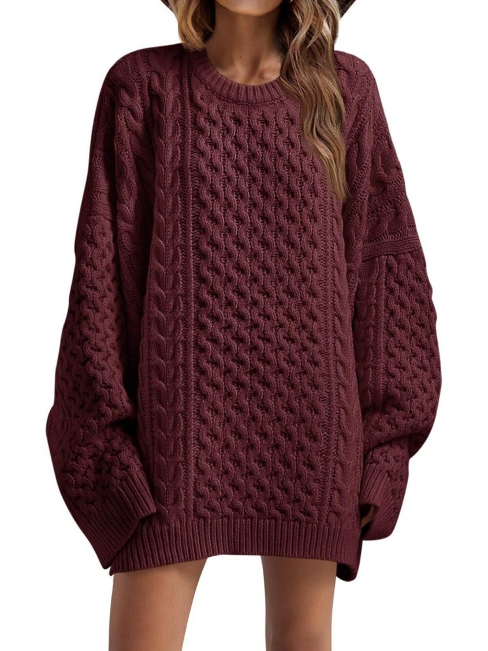 Women's Burgundy Oversized Sweaters Chunky Cable Knit Tunic Long Winter Sweater